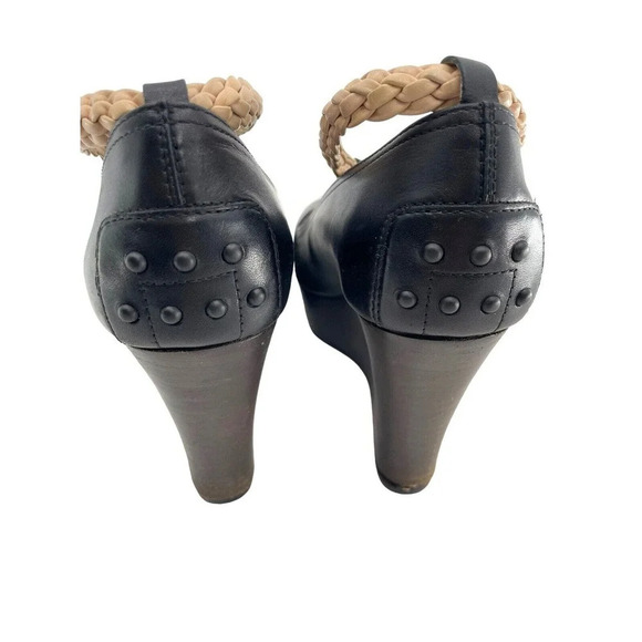 TOD'S Womens size US 7 Black Leather Platform Wedge Shoes Strap EU 37 Dust Bag - Picture 5 of 16